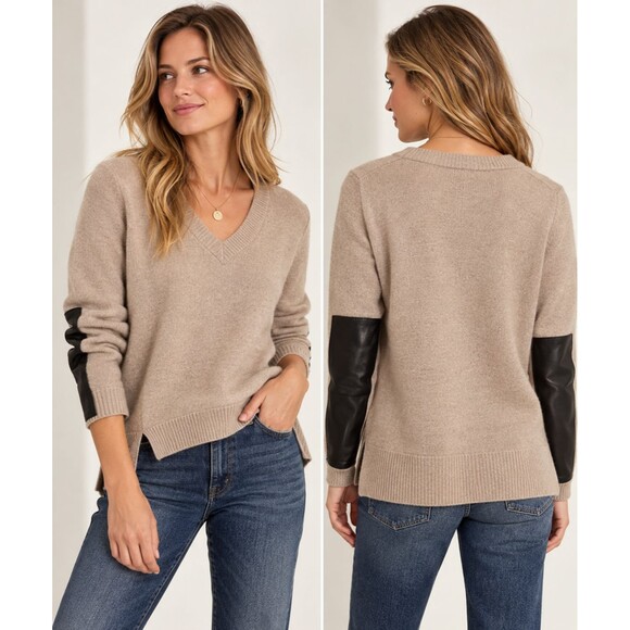 J. Crew Tops - J.Crew Wool Cashmere V Neck Sweater Women's M Beige Black Leather Sleeve Panels